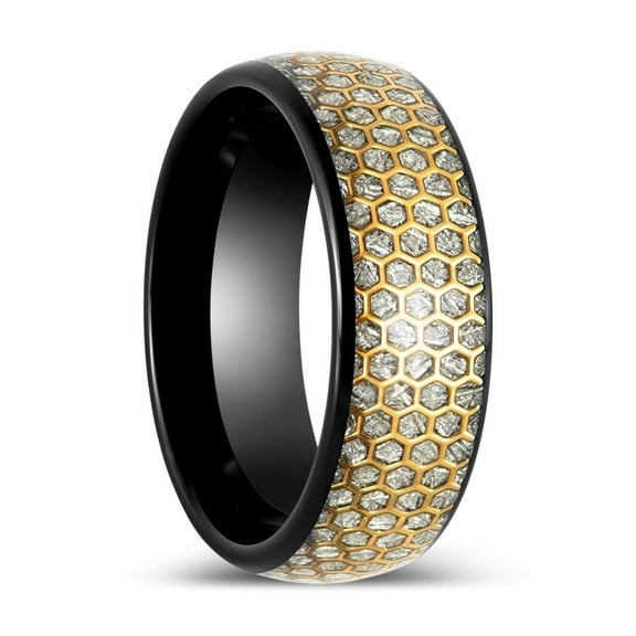 AMANA | Black Tungsten Ring, Honey Comb, Silver Meteorite Inlay, Domed