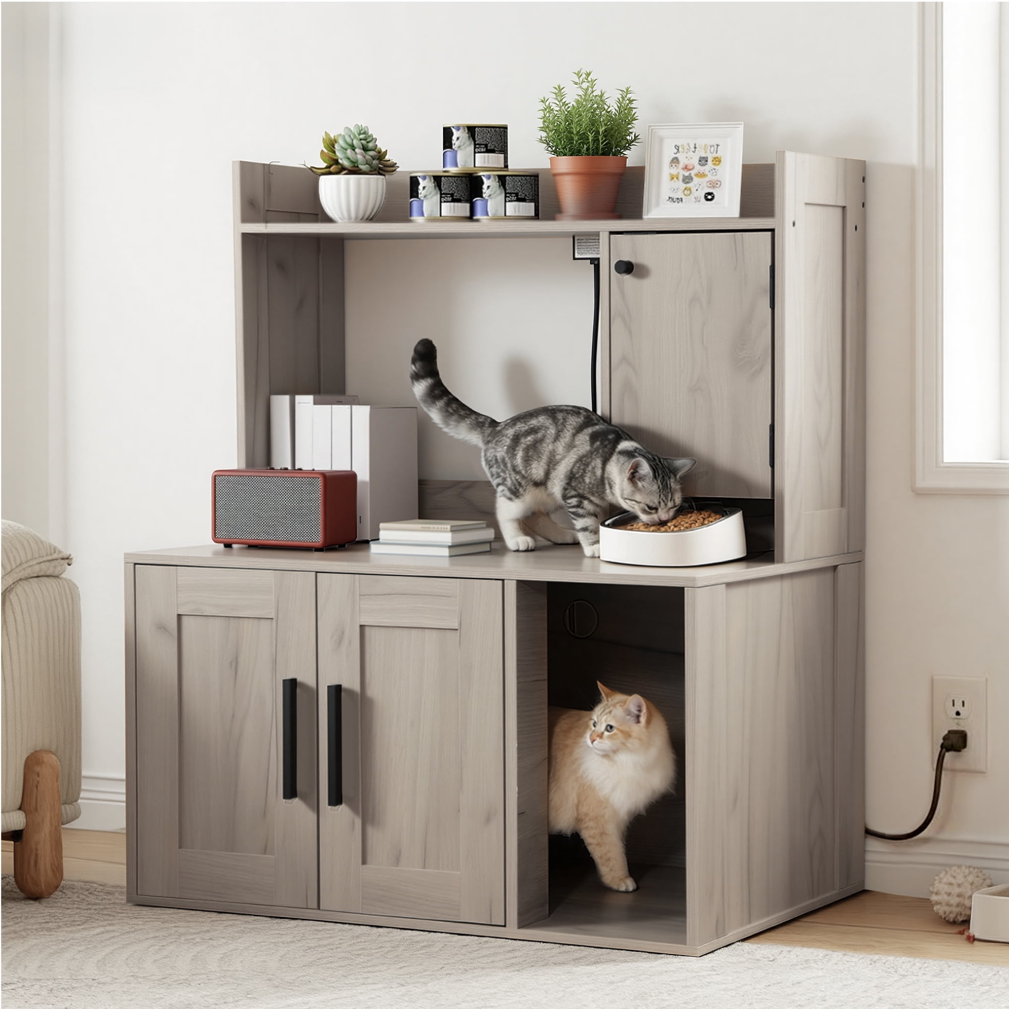 Whifea Hidden Cat Litter Box Enclosure Cabinet with Power Strip, Shelves & Storage, Pet Feeding Station Furniture