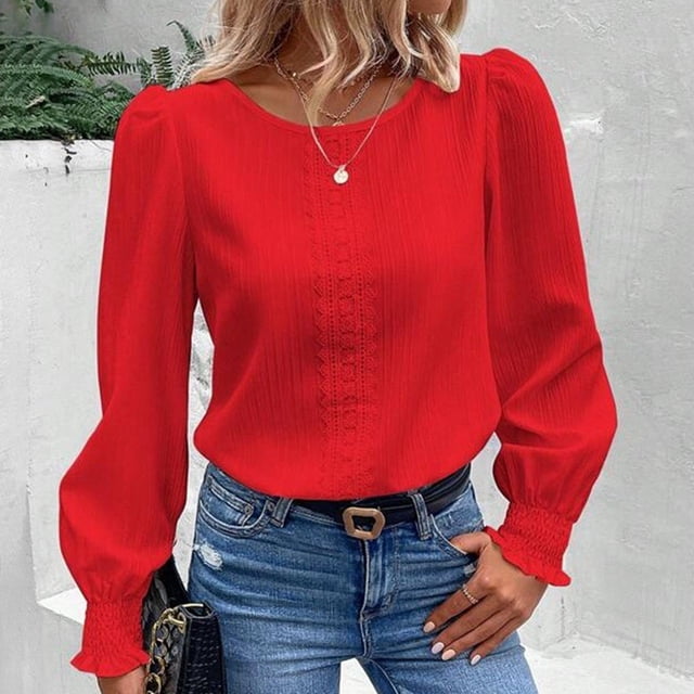 RXIRUCGD Haut/chemise à Manches Longues à Col Rond pour Femme, Décontracté, Uni, en Dentelle Patchwork, Rouge, Taille : S
