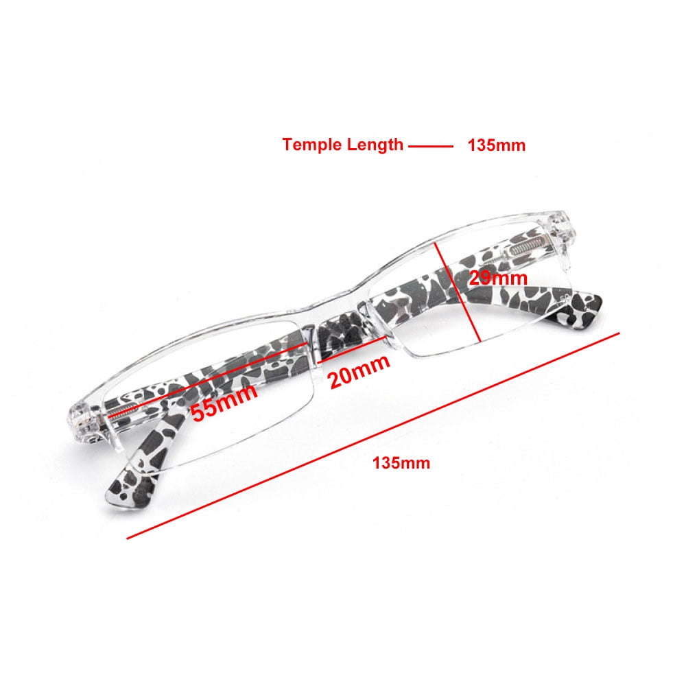 5 Pairs of Rectangular Reading Glasses 2.00 Half Rimless Clear Frame Zebra Print Spring Hinge Readers +2.00 strength
