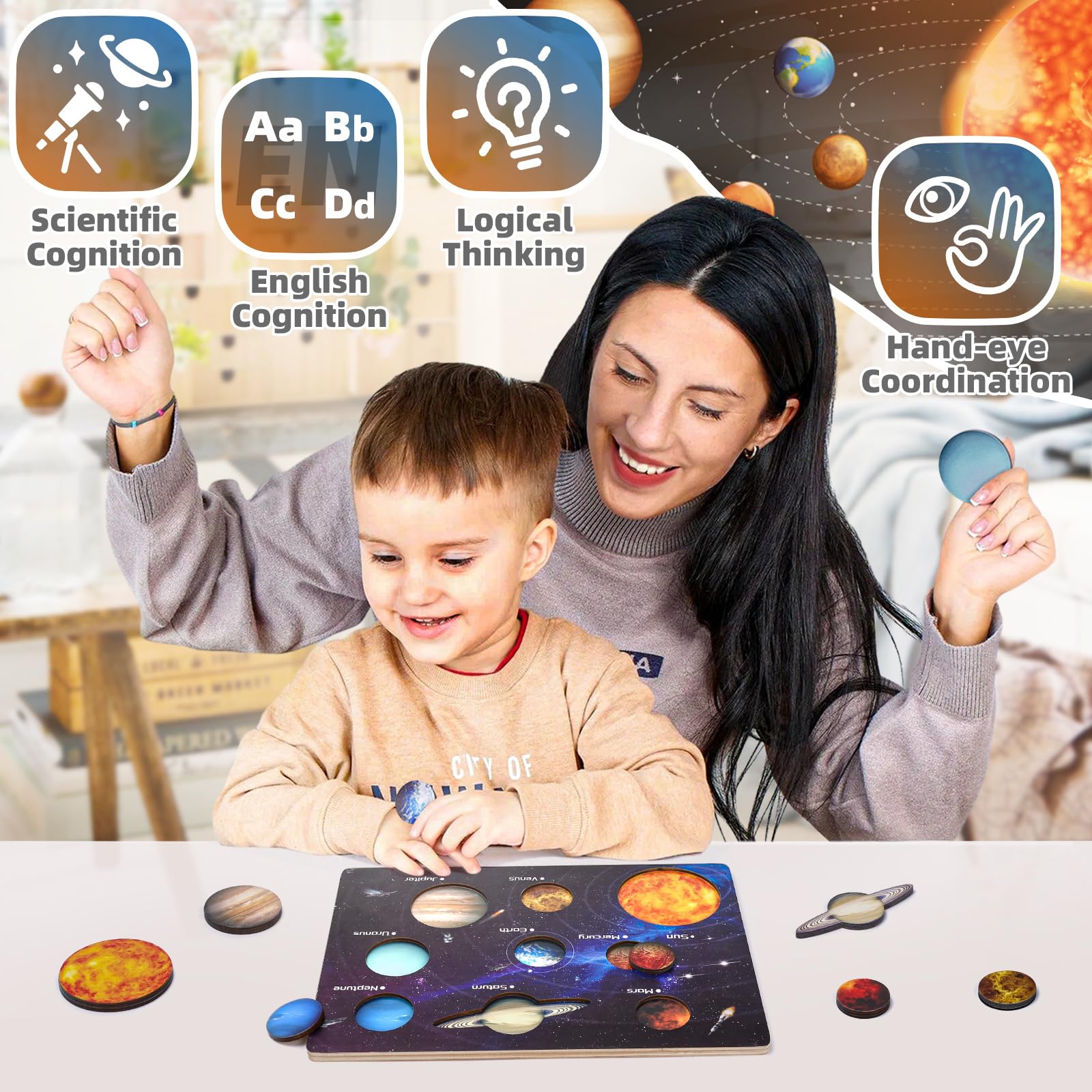 Puzzle Montessori Système Solaire Bois - Jouet Éducatif Enfant 3 4 5 6 7 Ans - Planètes Espace Garçon Fille