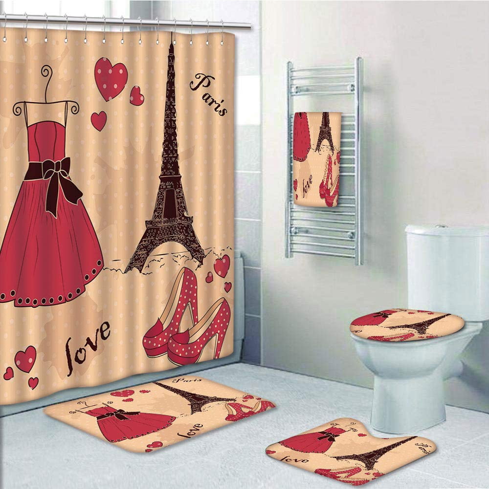 Prtau Heels Dresses Paris Boutique French Retro Dress Shoes Eiffel Tower 5 Piece Bathroom Set Shower Curtain Bath Towel Bath Rug Contour Mat And Toilet Lid Cover Walmartcom Walmartcom