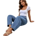 thumbnail image 7 of QQZ Barrel Leg Womens Elastic Waist Pull On Denim Pants, Knee Stitched Baggy Wide Leg Full Length Denim Trousers Suitable For Urban Street Style, Daily Errands And Back To School Outfits, 7 of 7
