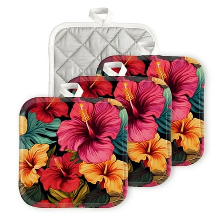 

Bahomeck Pot Holder 4Pcs Vibrant Pattern Of Hibiscus Flowers In Various Colors Square Heat Resistant Hot Pads For Kitchen Cooking Oven With Hanging Loop Potholder Easy To Store