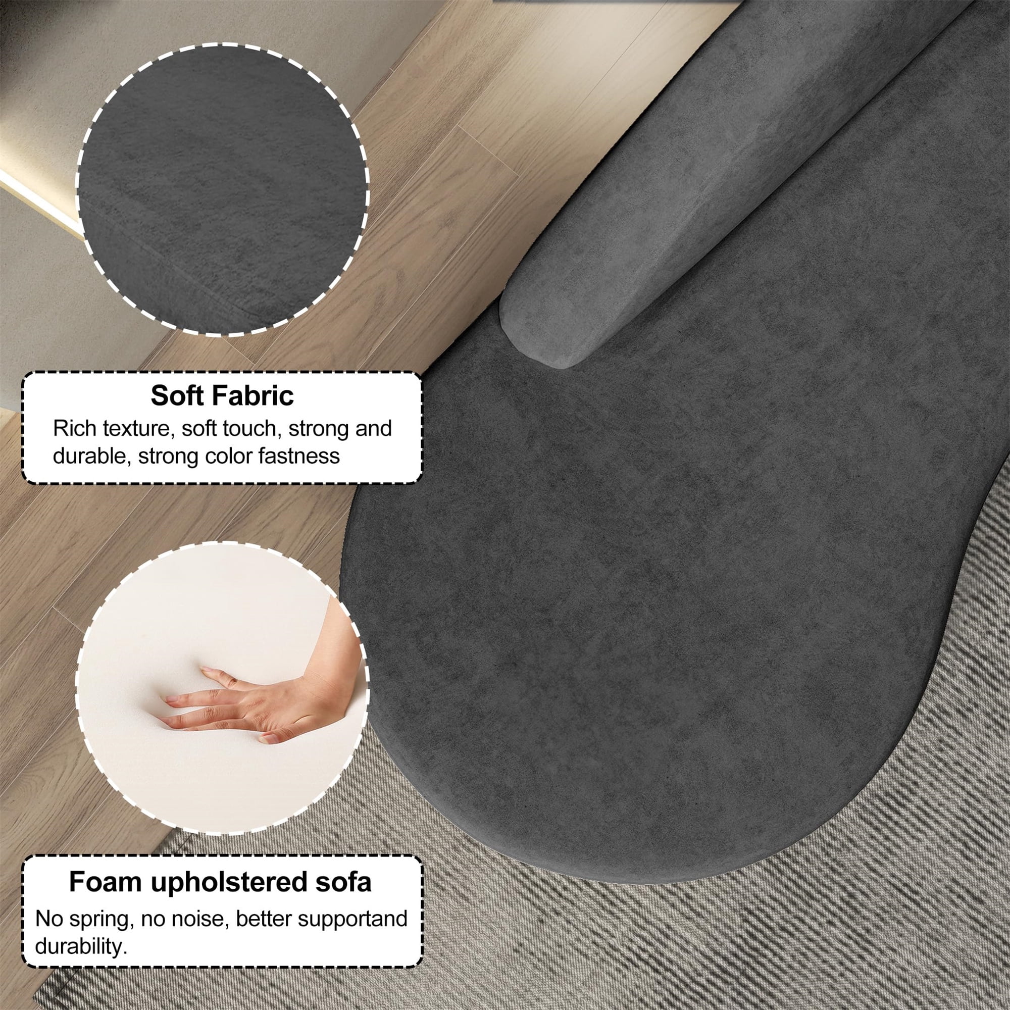 Aukfa Modern Curved Couch No Assembly Sofa for Living Room Bedroom Comfy Luxury Minimalist Sofa, Gray