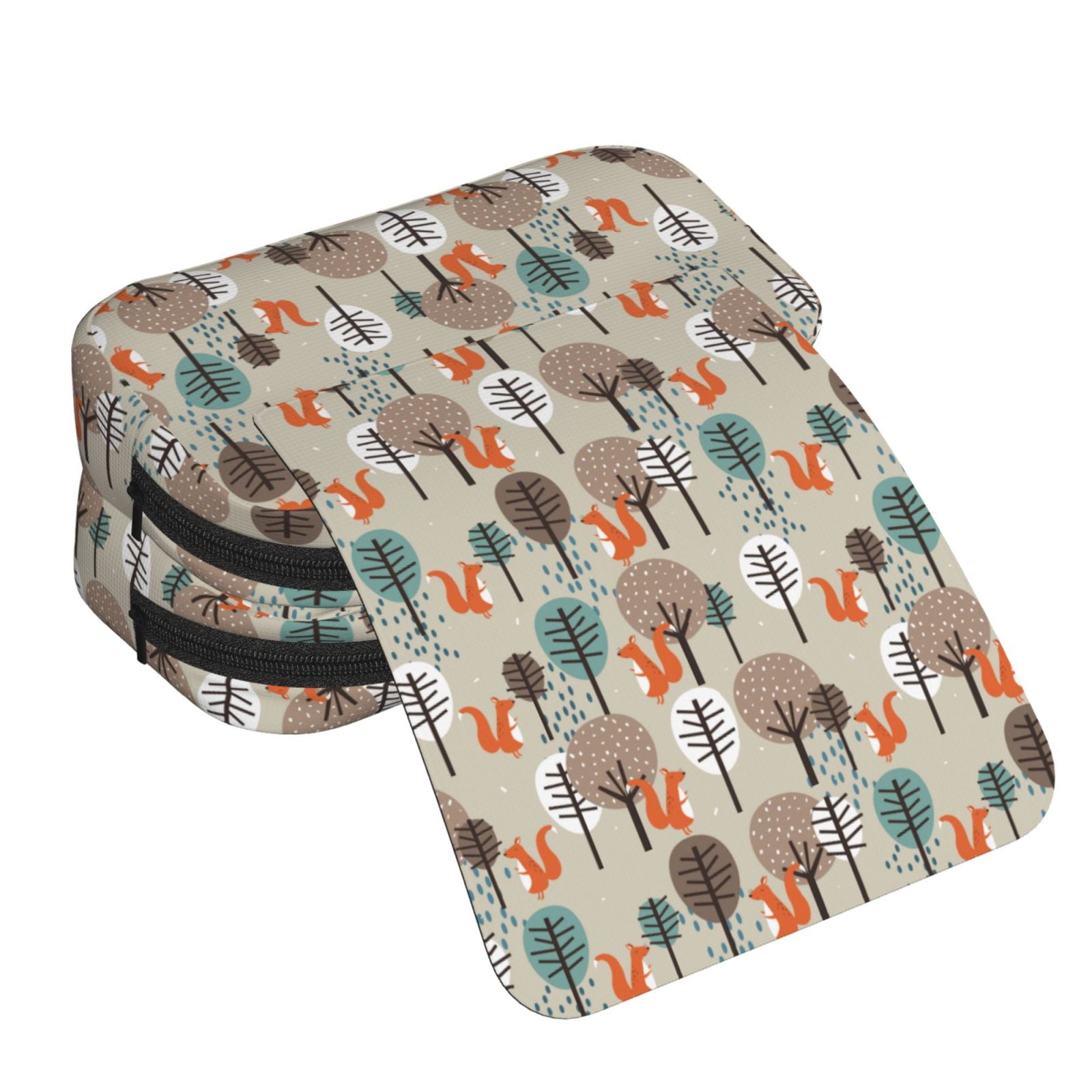 Rateoe Squirrels and Trees Pattern Double Clamshell Pen Case, Storage Organizer with Two Zipper Compartments– Holds Up to 50 Pencils & Pens