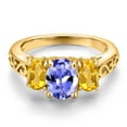 thumbnail image 3 of Gem Stone King 18K Yellow Gold Plated Silver Blue Tanzanite and Yellow Citrine Filigree Style 3 Stone Ring for Women (2.06 Cttw, Oval 8X6MM and 6X4MM) (Size 5), 3 of 6