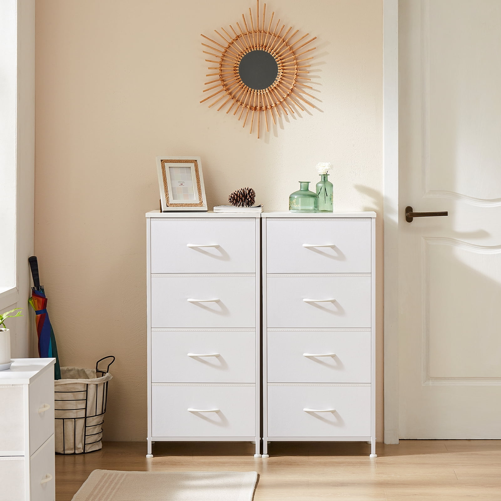 edx 4 Drawer Fabric Dresser for Bedroom, Tall Chest of Drawer Organizer Storage Cabinet for Closet, Entryway, White