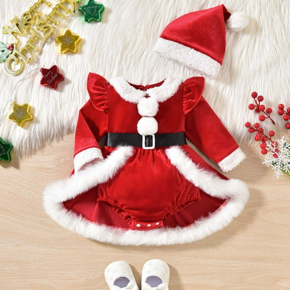 Baby Girl Christmas Dress,Santa Claus Party Attire Trim Velvet long sleeves Christmas Party Outfit Christmas COS Christmas 0-3 Months