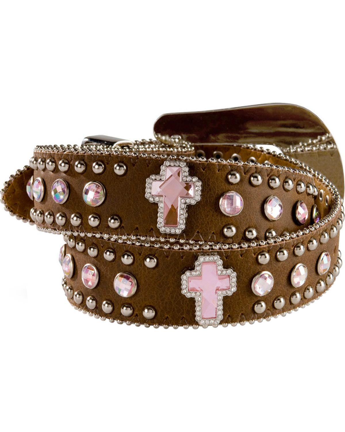 Nocona Western Girls Kids Belt Rhinestones Pink Cross Brown N4425644