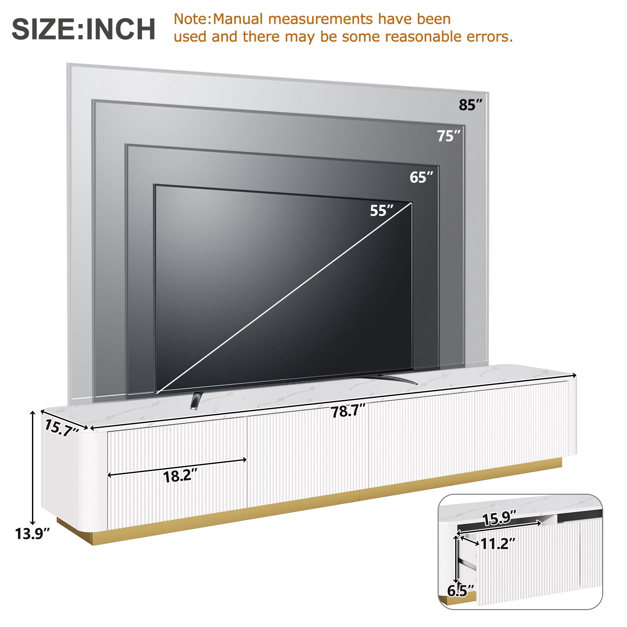 Harper & Bright Designs Fluted TV Stand for 85 inch TV with Gold Base, Modern Media Console with 4 Drawers, Entertainment Center with Curved Profile Design for Living room, White
