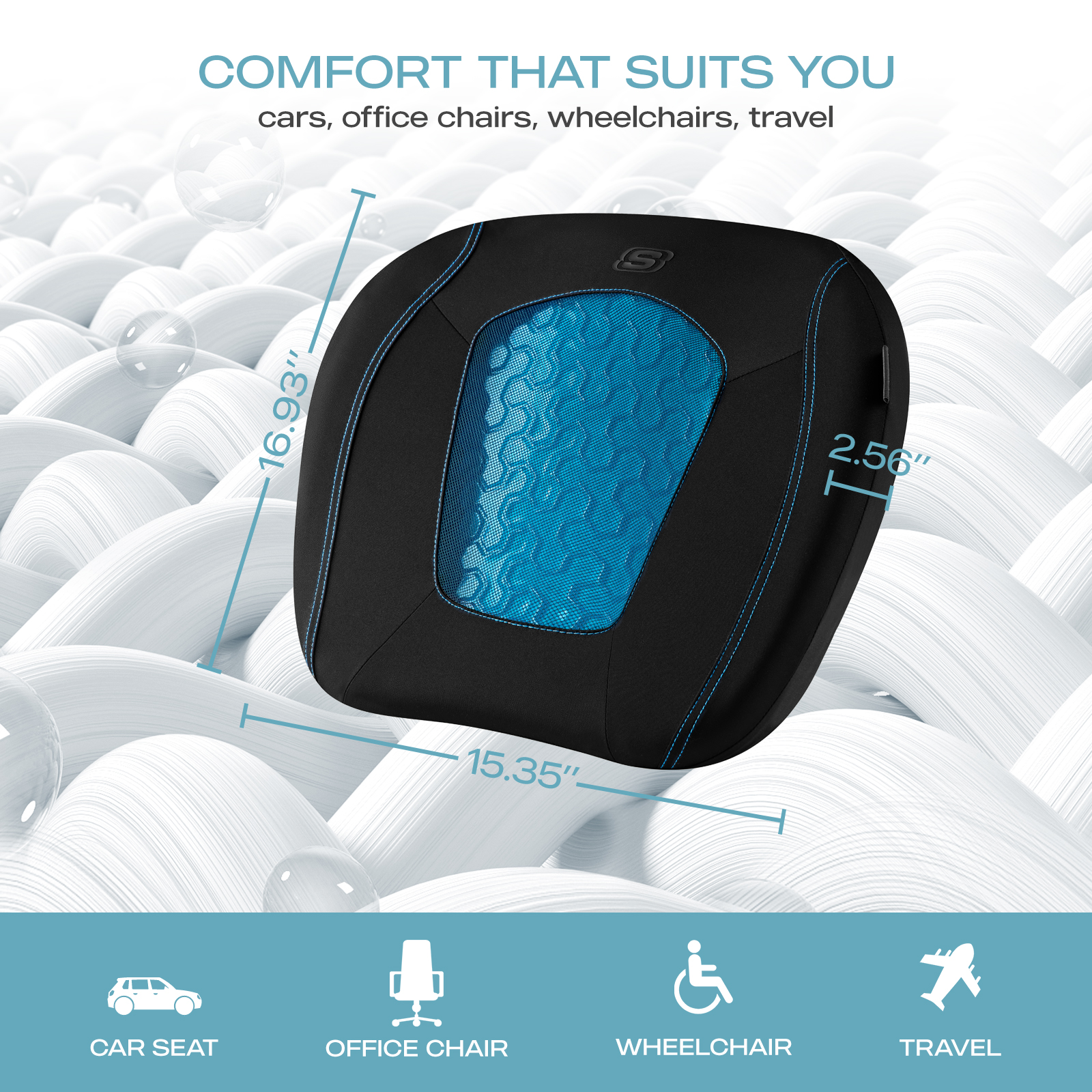 Skechers Car Seat Cushion, Gel Infused Memory Foam Seat Cushion, Cooling Breathable Car Cushion, Non-Slip Driving Seat Cushion, Ergonomic Support Cushion for Car Truck Office Chair, Black