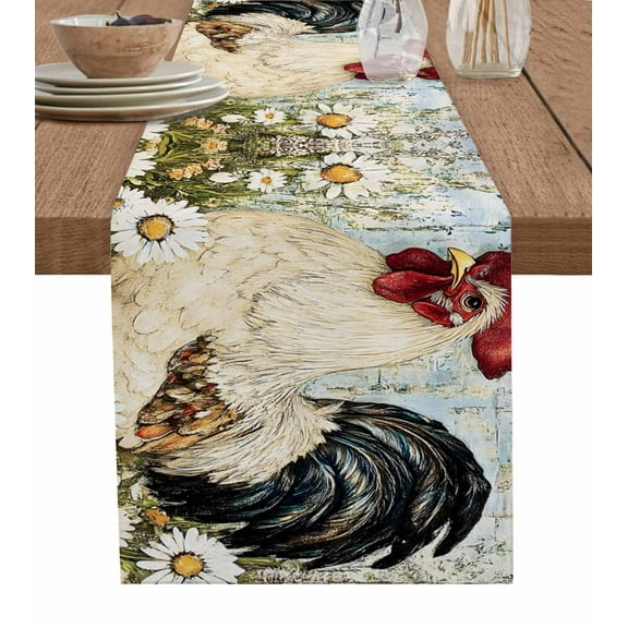 White Retro Rooster Burlap Cotton Table Runner 13x36 Inches Short, Spring Floral Pastoral Rooster Farmhouse Table Runners, Outdoor Dining Tablecloths Decor for Baby Shower/Party/Wedding