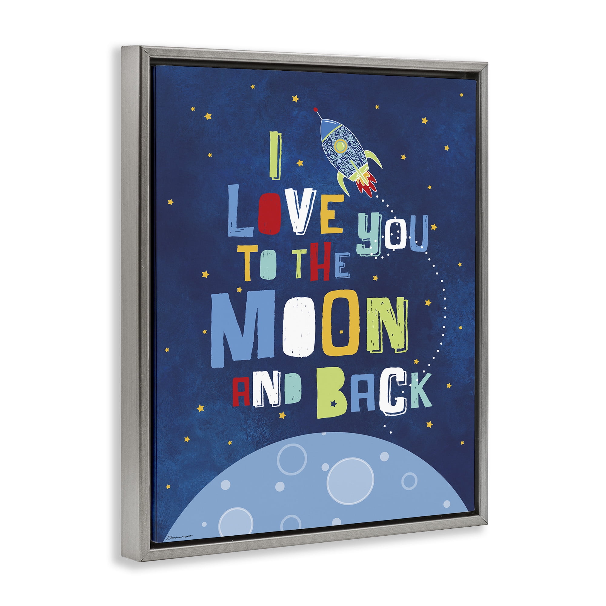 Stupell Industries Moon & Back with Rocket Ship Art for Kids Painting Gray Floater Framed Canvas Art Print Wall Art, 17 x 21