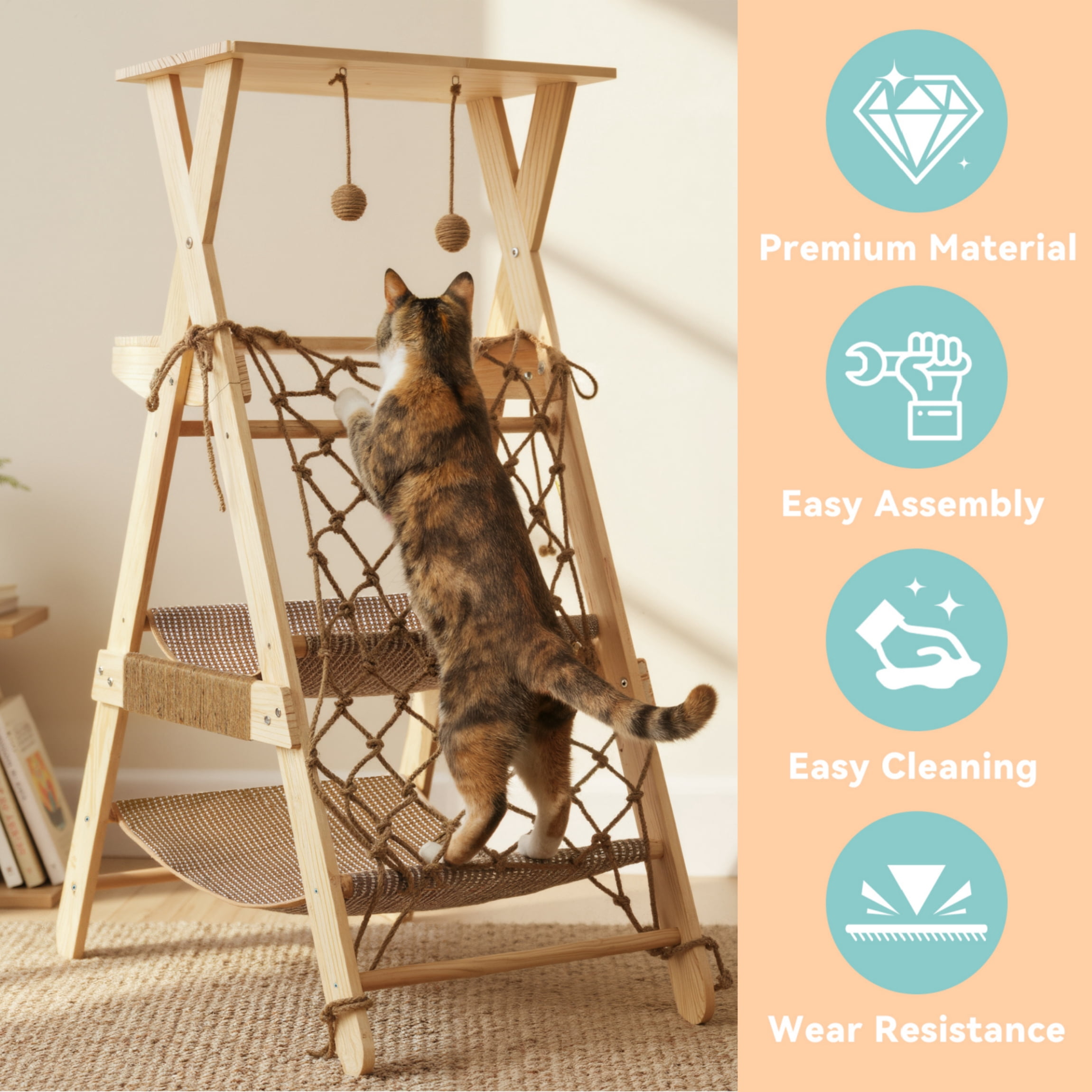 AIWFL Cat Tree Tower for Large Cats, 43.3" Multi-Level Wooden Cat Hammock & Sisal Scratching Posts Cat Condo, Outdoor Indoor Activity Center
