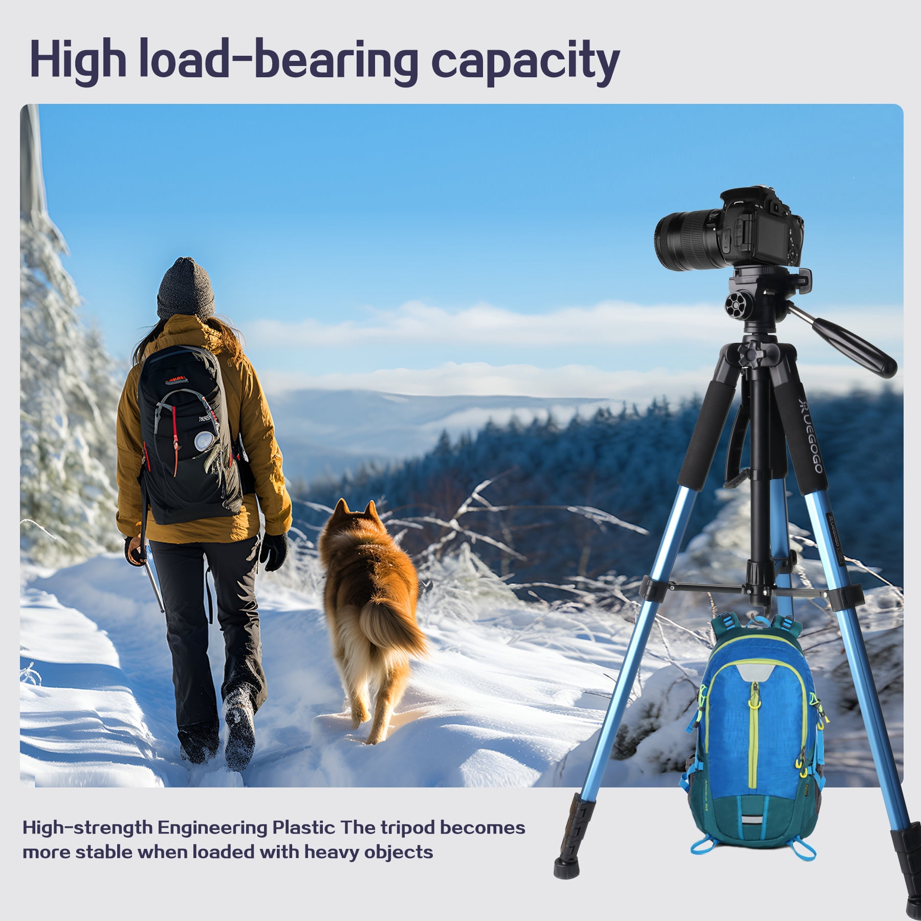 UEGOGO 74-inch camera tripod with travel bag, expandable camera tripod, T-phone stand + quick mounting pad, mobile phone live stand tripod removable pylon camera tripod
