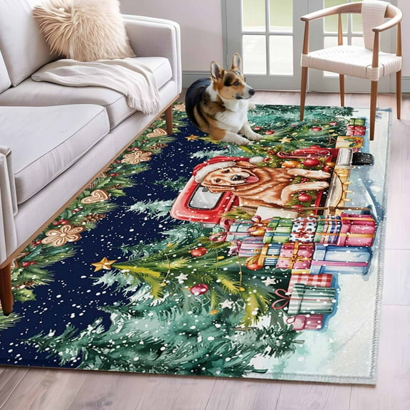 Christmas Area Rug 3x5 Washable Rug Non Slip Winter Xmas Tree Gingerbread Dogs Red Truck Blue Large Area Rug Indoor Floor Carpet for Entryway Bedroom Kitchen Living Room Office Dining Room Nursery