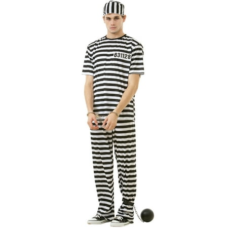 Hauntlook Classic Crook Men's Halloween Costume Jailbird Convict Striped Prisoner Jumpsuit