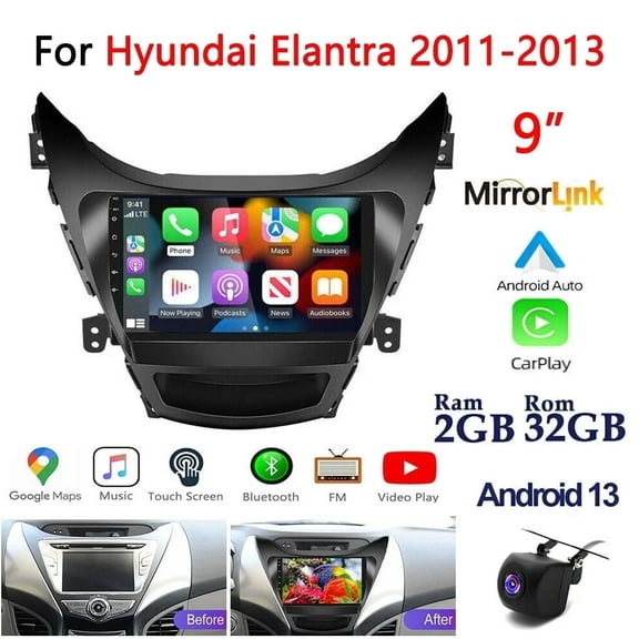 Guwzn Car Stereo Radio for Hyundai Elantra 2011-2013 9" Touchscreen 2 32G Vehicle GPS Navigation Wireless CarPlay Android Auto