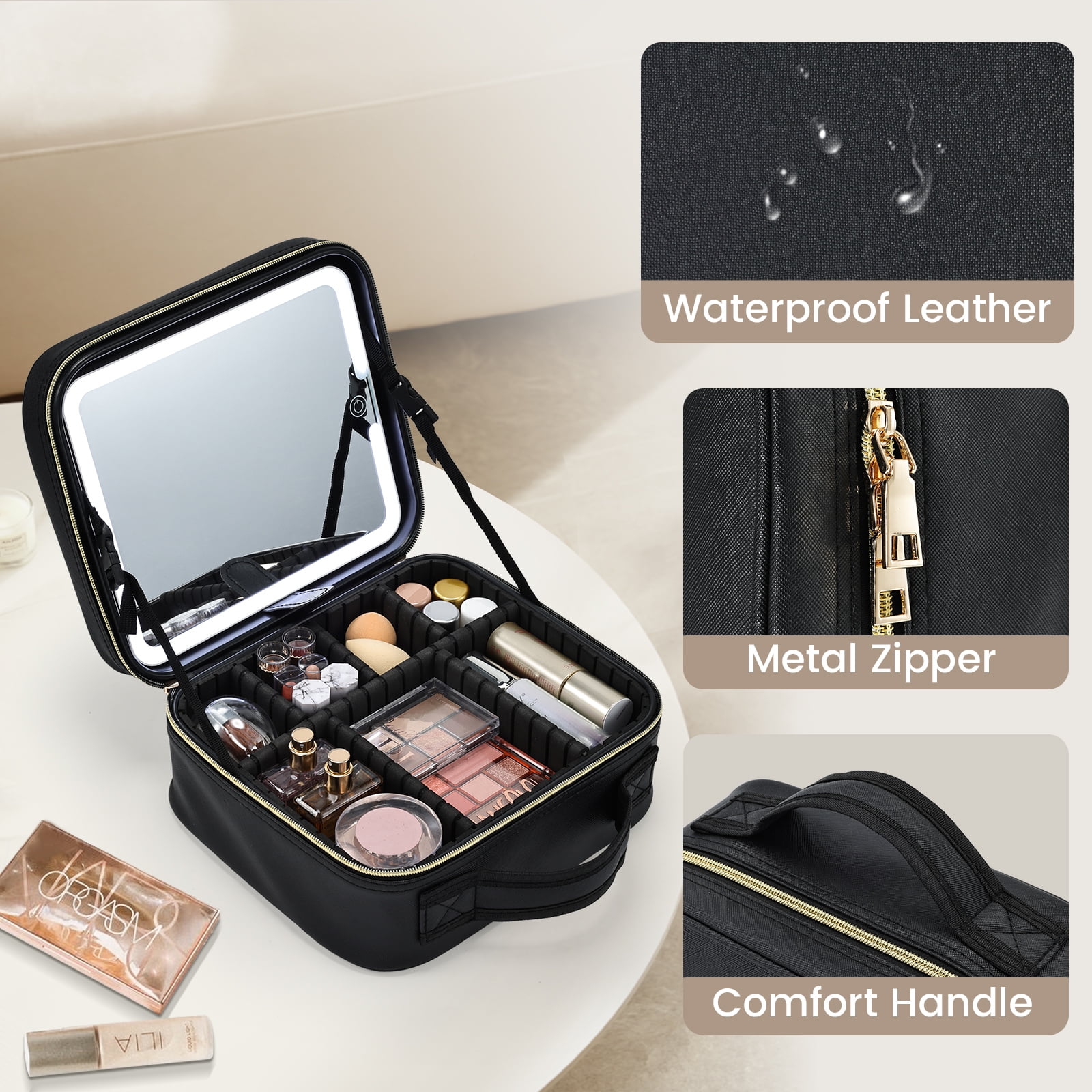 Portable Makeup Bag with LED Mirror Travel Makeup Case Large Cosmetic Train Case with Brush Holder