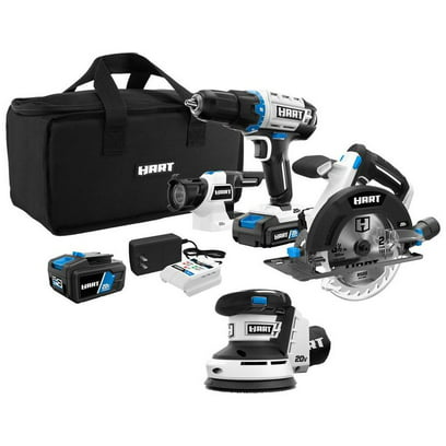 HART 20-Volt 4-Tool Bundle with Drill, Circular saw, Sander and LED Light (1) 1.5Ah (1) 4.0Ah Lithium-Ion Battery
