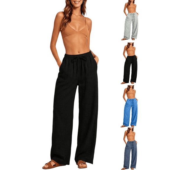 Motuos Women's Cotton Linen Pants Women Lightweight Blend Wide‑Leg Pants Solid Color Drawstring Loose Flowy Casual Pockets Long Trousers for Everyday Wear