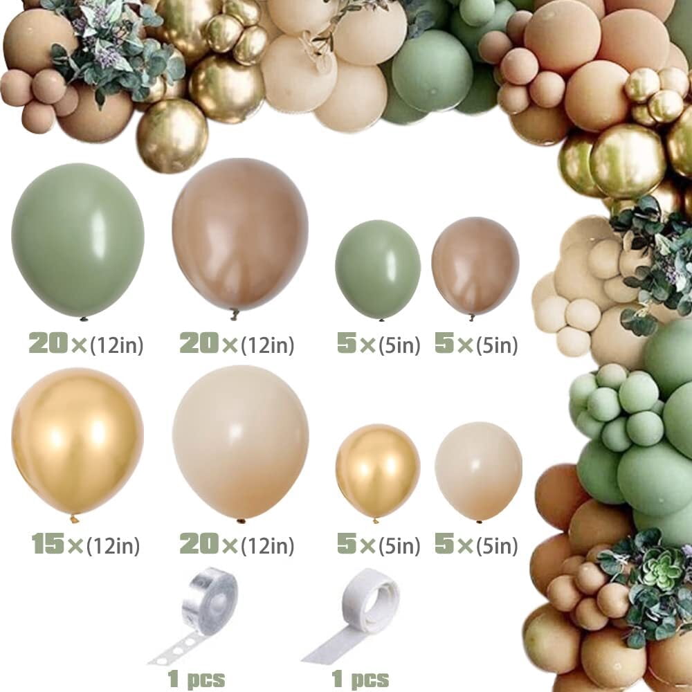 Sage Green & Brown Safari Balloons 60-Pack - Dusty Olive, Coffee Beige & Metallic Gold Latex For Baby Shower, Hunting Party