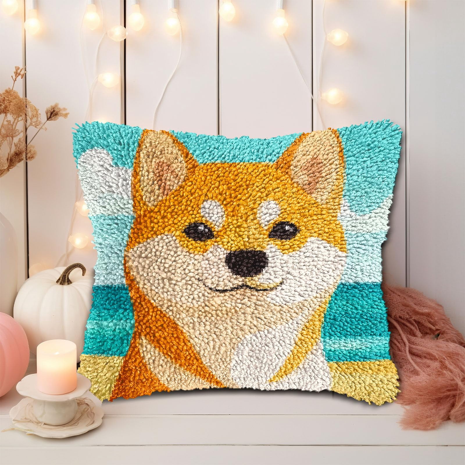 DIY Latch Hook Pillow Kits for Adults Smile Shiba Inu Dog Printed Pillowcase Crochet Yarns Hooking Handmade Pillow Cover Cushion for Home Sofa Decoration 17x17inch-12