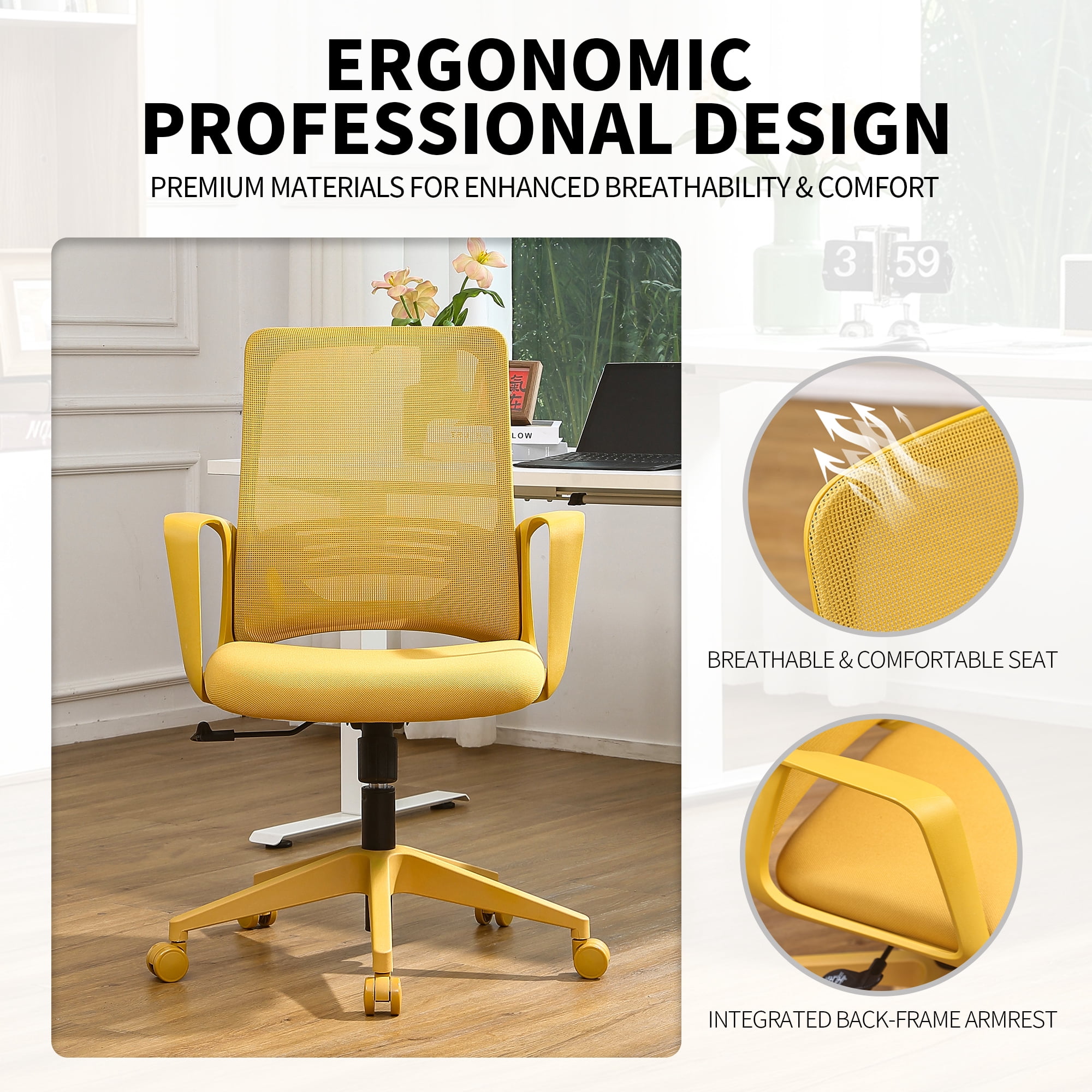 Homy Casa Mesh Desk Chair, Mid Back Adjustable Office Task Chair with Integrated Armrests, Yellow