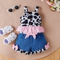thumbnail image 2 of Paguaki Toddler Girl Denim Western Outfit Baby Cowgirl Clothes Ruffle Cow Print Shirt Button Down Tops Belted Jeans Shorts, 2 of 8