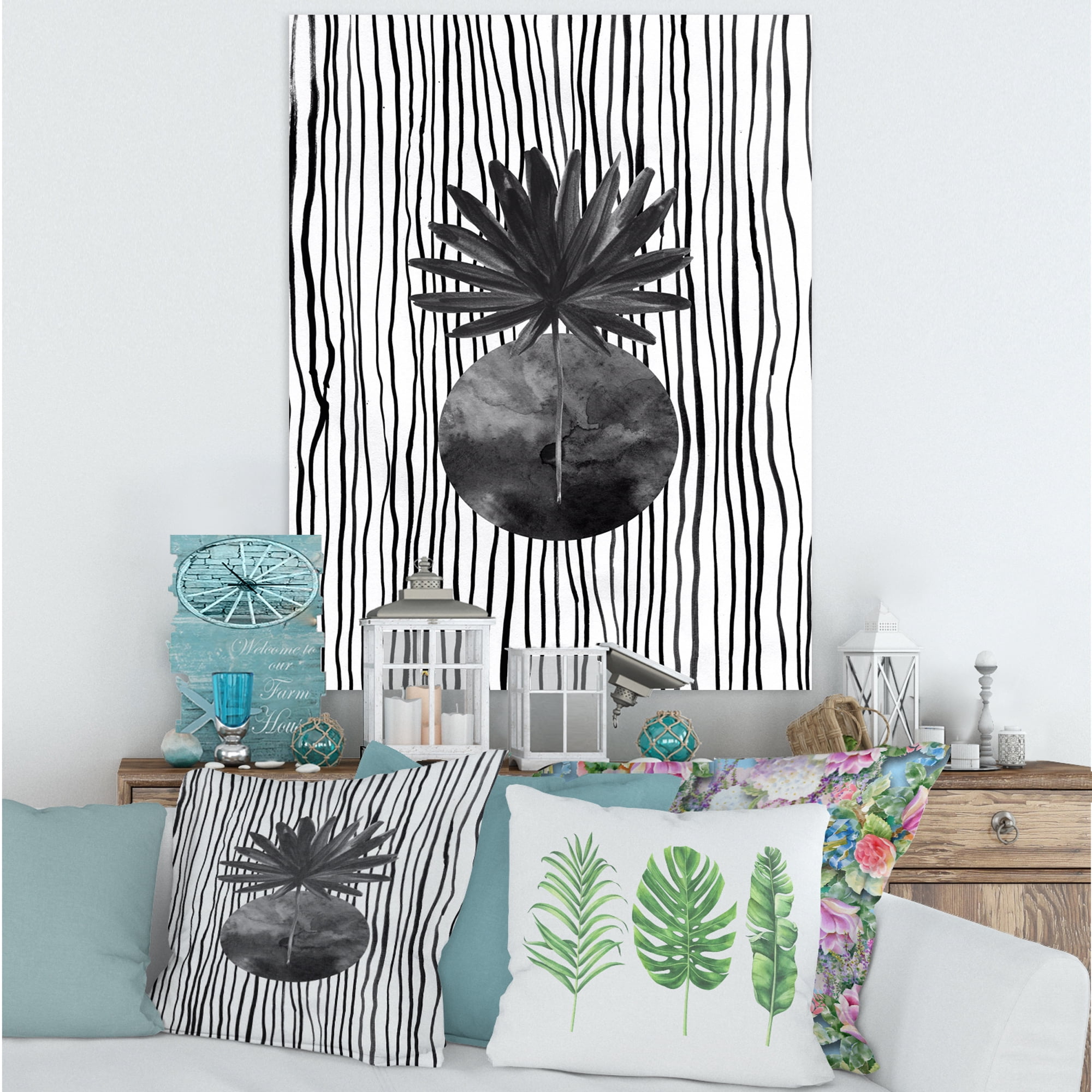 Designart ' Black and White Striped Under Tropical Leaf I ' Modern Canvas Wall Art Print