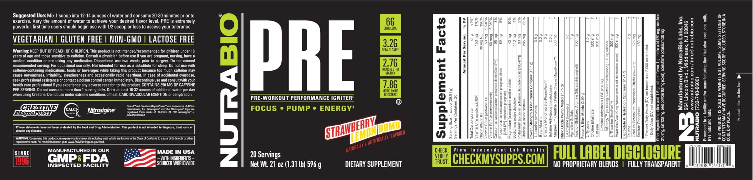 NutraBio PRE Workout Powder - Old Formula- Sustained Energy, Mental Focus, Endurance - Beta Alanine, Creatine, Caffeine, Electrolytes - 20 Servings - Strawberry Lemon Bomb
