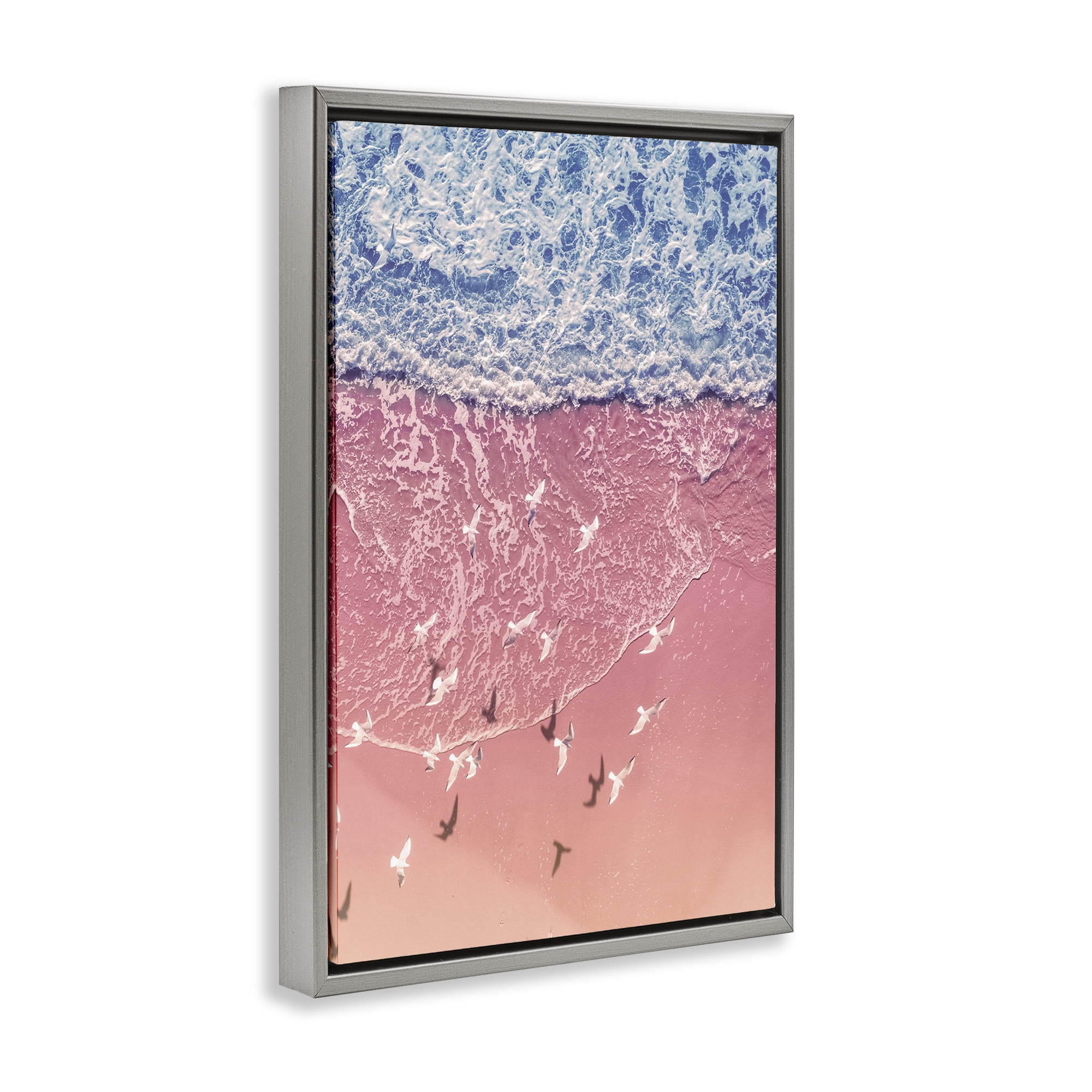 Stupell Industries Aerial Seagulls over Beach Landscape & Nature Photography Gray Floater Framed Canvas Art Print Wall Art, 17 x 25
