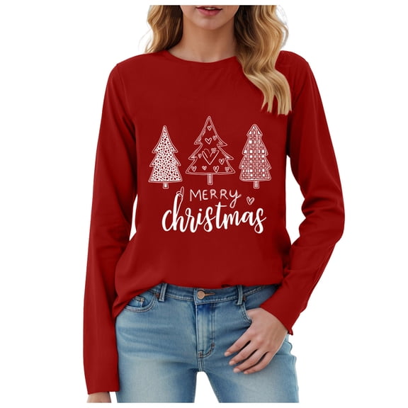 larppty Christmas Shirts for Women: Merry Christmas T Shirts Long Sleeve Christmas Tree Shirt Xmas Gift Blouse Tee Tops (Red, 3XL)