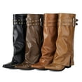 thumbnail image 5 of Fold over Boots for Women Vintage Punk Studded Buckles Leather Pointed Toe Pull on Wide Mid Calf Tall Boots, 5 of 5