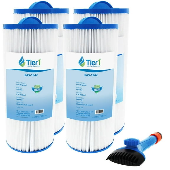Tier1 Pool & Spa Filter Cartridge 4-pk with Tier1 Wand Brush Filter Cleaner | Replacement for Jacuzzi J300 6541-383, PJW60TL-OT-F2S and More | 60 sq ft Pleated Fabric Filter Media