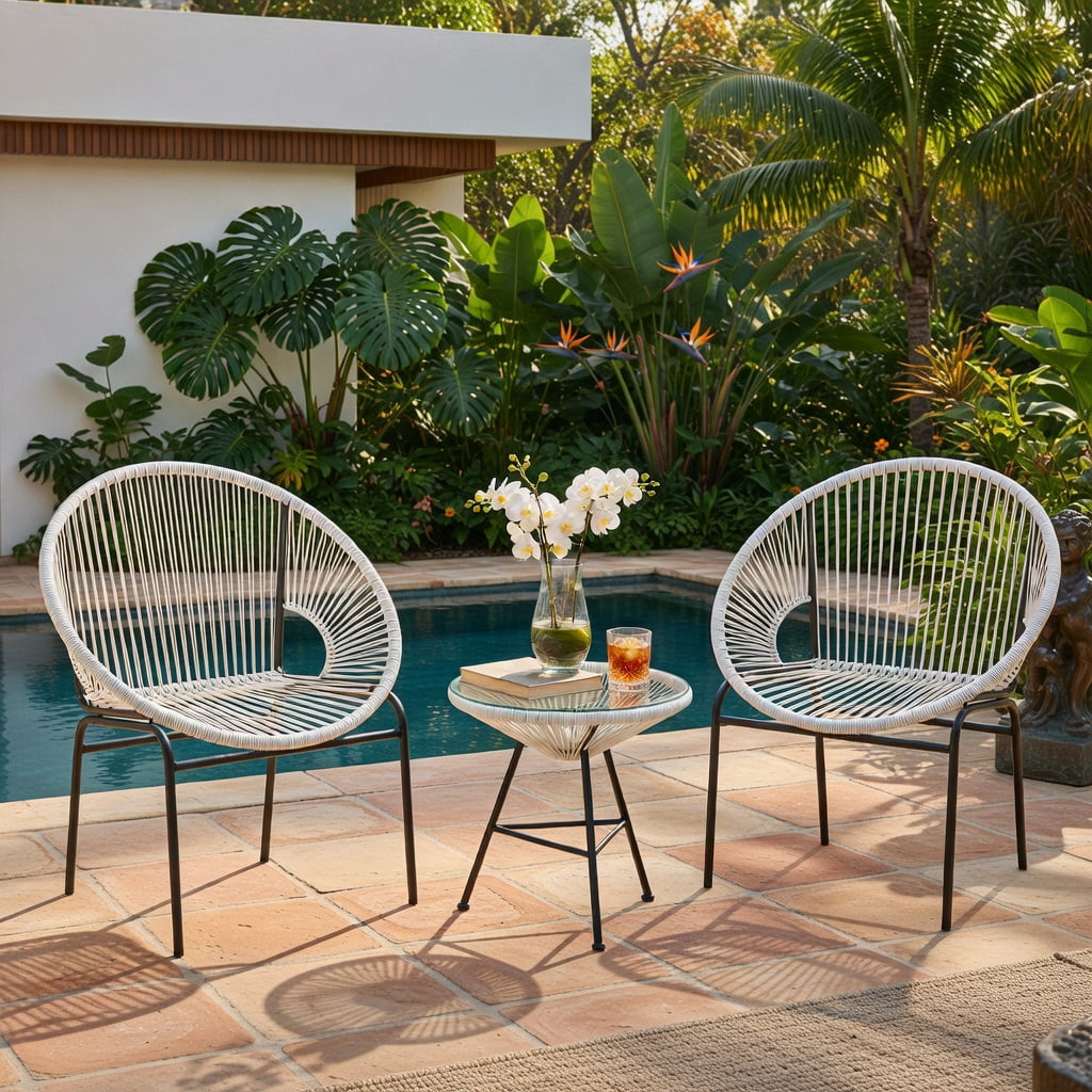 Hommoo 3-Piece Outdoor Acapulco Bistro Set, 2 Ergonomic Rope Chairs + Tempered Glass Table, White