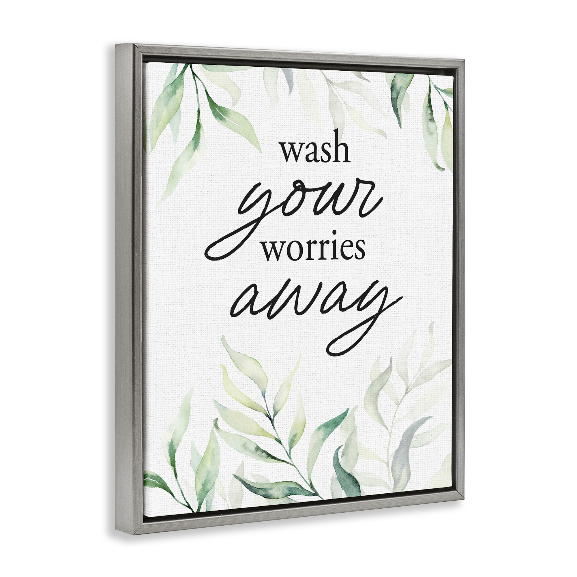 Wash Worries Away Leaves Gray Framed Floater Canvas Wall Art, design by Lettered and Lined