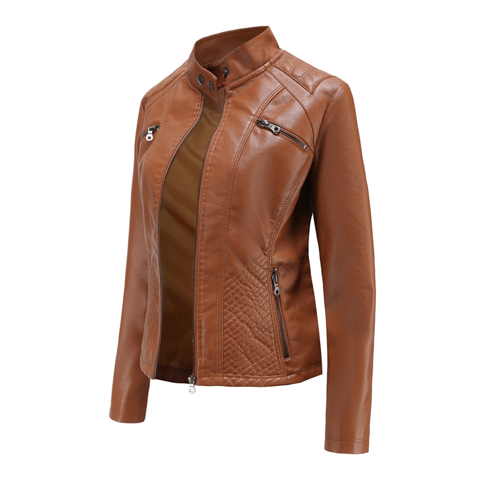 Women's Zip Up Stand Collar Faux Leather Jacket Fitted Slim Fit Moto Biker Jacket Plus Size with Pockets Girls' Outerwear Jackets & Coats Fall Hackets for Women