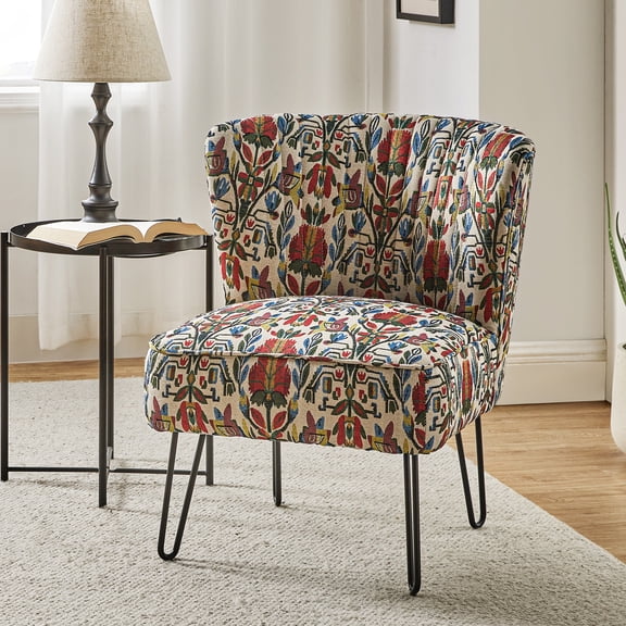 Boho Dining Side Chair Floral Tufted Accent Chair Armless Metal Base Home Living Room Bedroom