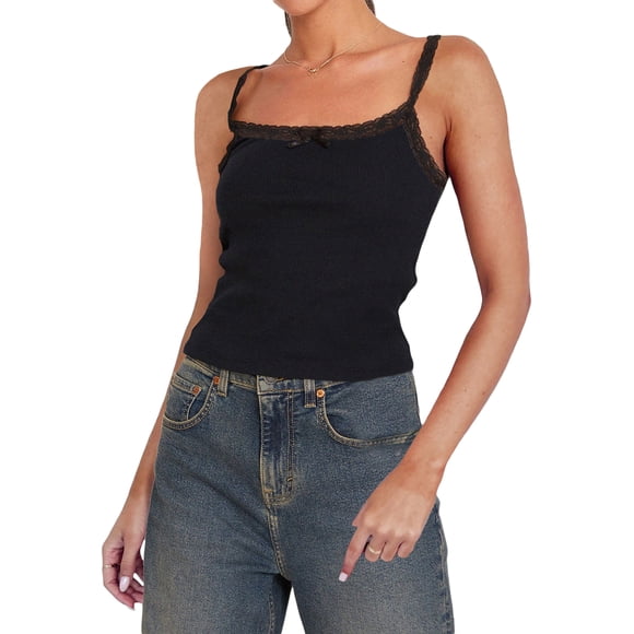 Gupgi Women Slimm Vest Lace Spaghetti Strap Cami Top Sleeveless Strappy Camisole Slim Fit Basic Tank Top