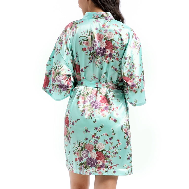 Defitshape Women's Satin Kimono Robe Lightweight Silk V Neck Pattern Dressing Gown Floral Print Bathrobe Short Belted Spa Sleepwear Bridal Bride 3/4