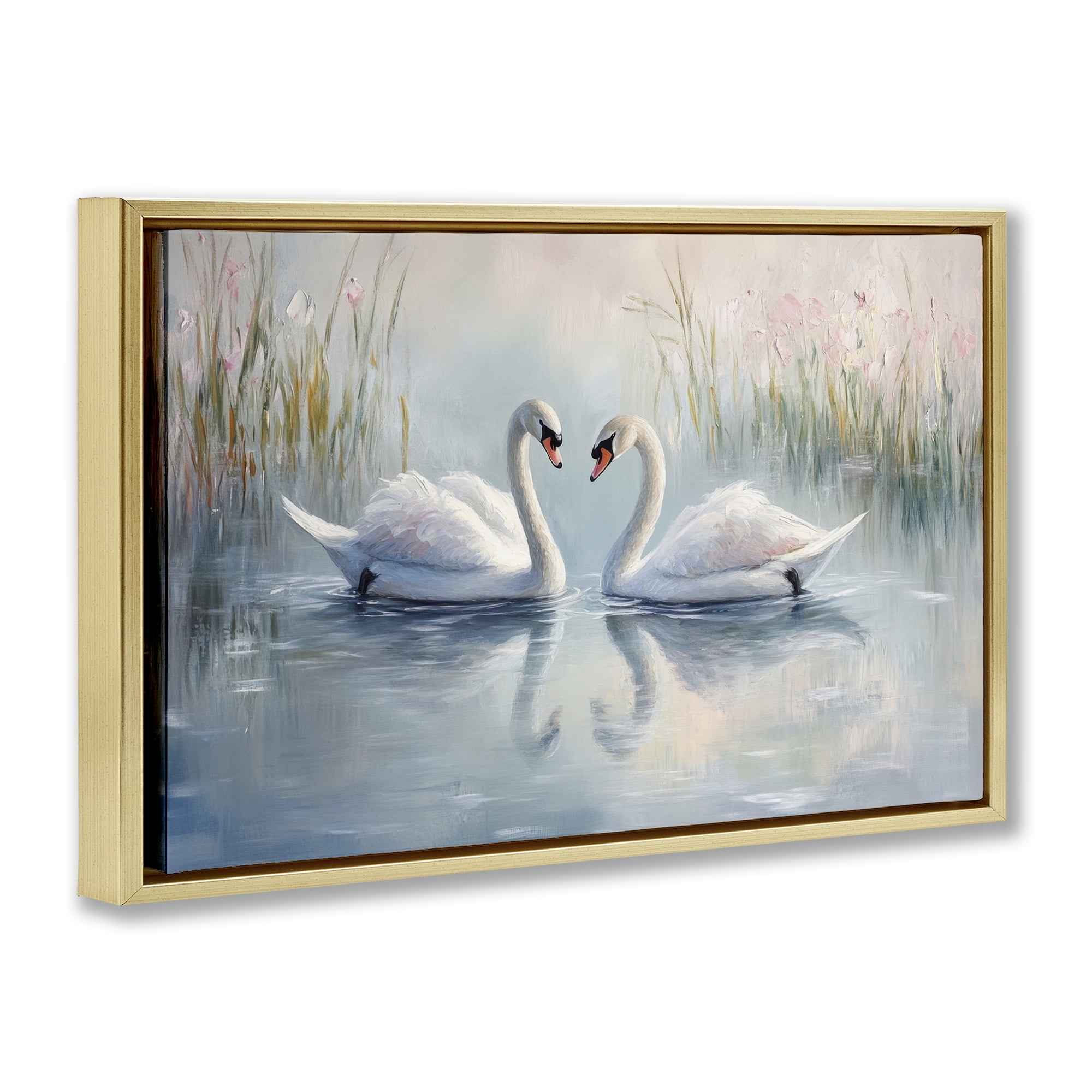 Stupell Industries Simple Swan Reflections Gold Framed Floater Canvas Wall Art, design by Petal Prints Design