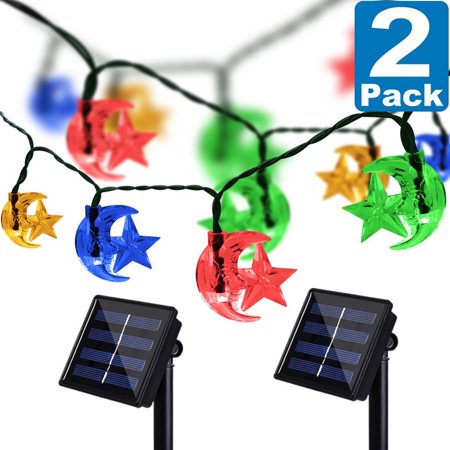 Star Light Star Bright Solar String Moon Star Lights, Kasonic 20 Ft 30 LED Water-Resistant Super Bright Lights Outdoor Christmas Decoration Lights for Garden, Lawn, Wedding, Patio, Party. Multicolor-2 PACK ()