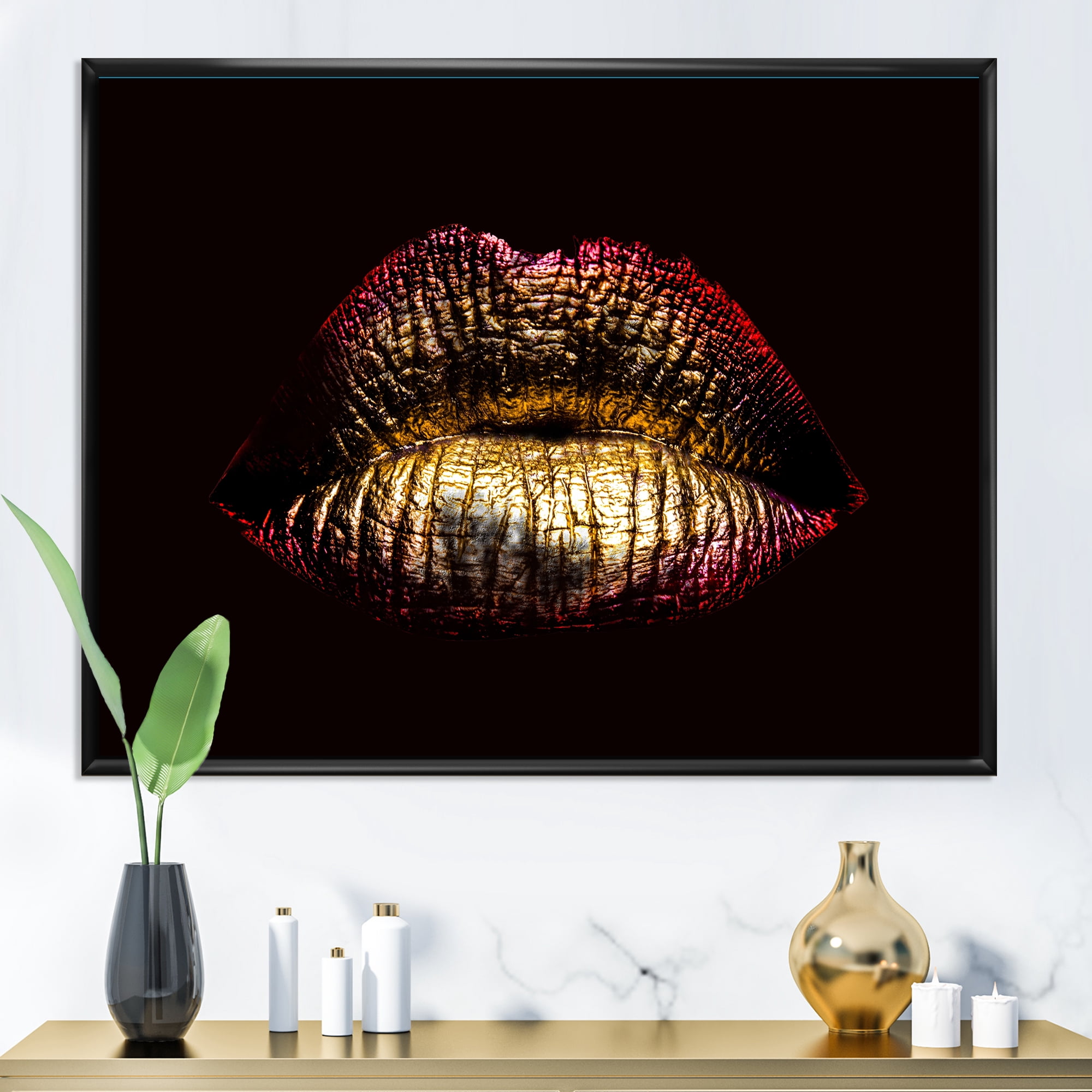 Sexy Golden Metallized Woman Lips IV 32 in x 24 in Framed Photography Canvas Art Print, by Designart