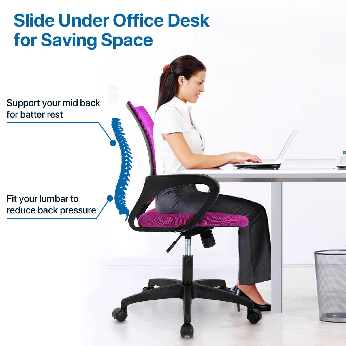 NiamVelo Mesh Office Chair, Mid-Back Home Office Chair Adjustable Ergonomic Desk Chair with Armrest, Rolling Swivel Chair for Adults, Pink