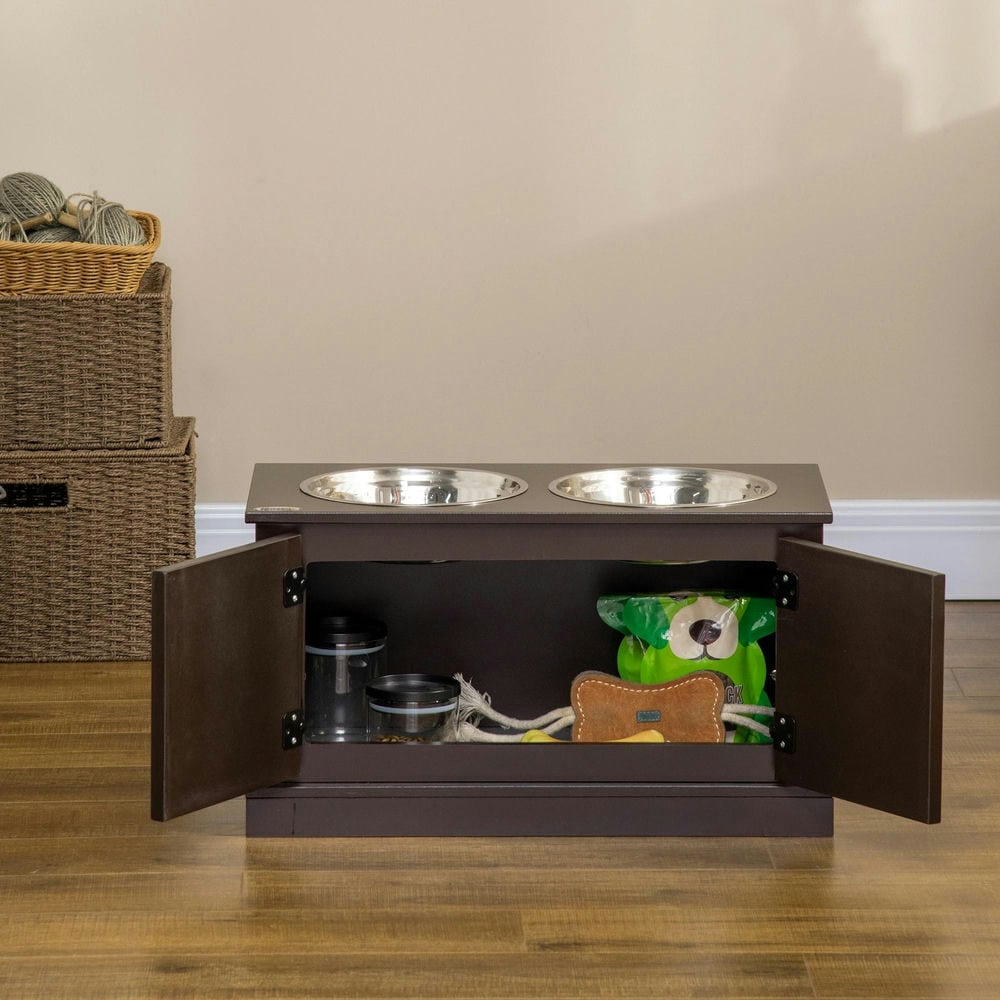 GVN Dog Bowls,Pet Feeder Cat Food Stand,Elevated Dog Bowls with Storage, Two Stainless Steel Bowls, Coffee