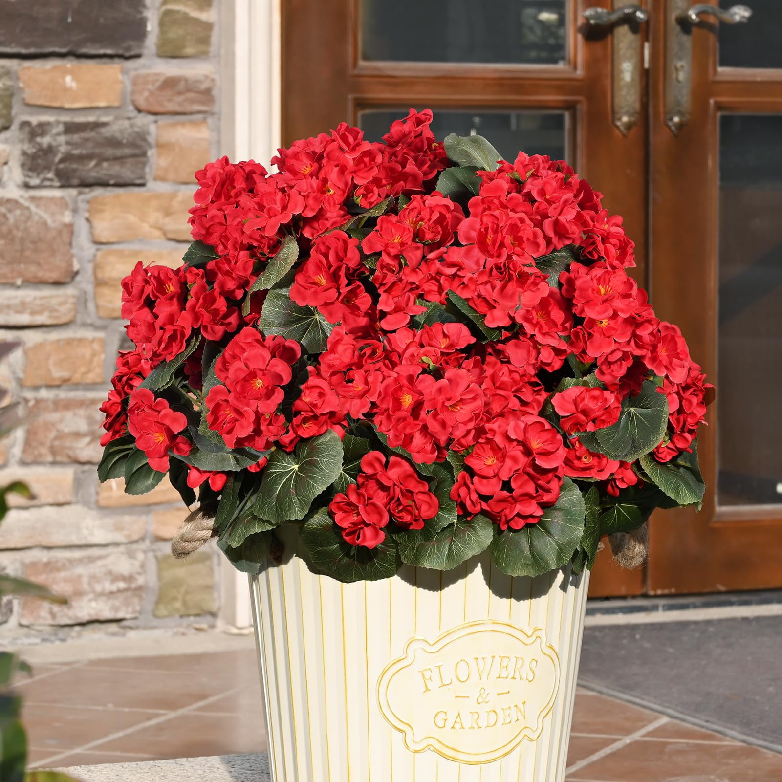 Lyacmy 12Pcs Artificial Geraniums for Outdoors Realistic Artificial Flowers, UV Resistant Red Fake Geraniums Silk Flowers Outdoor Decor