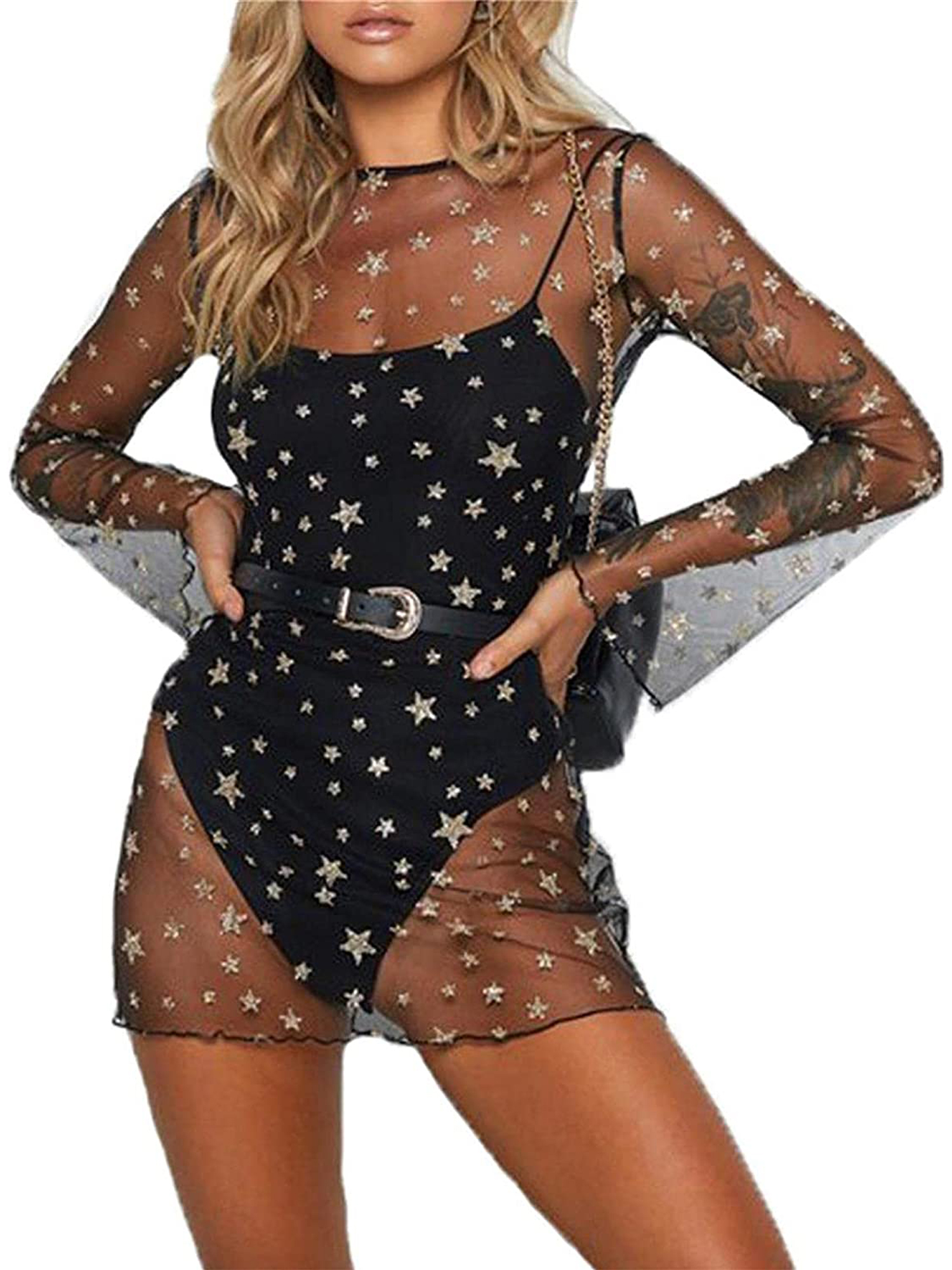 Womens Sheer Mesh Glitter Short Sleeve 
