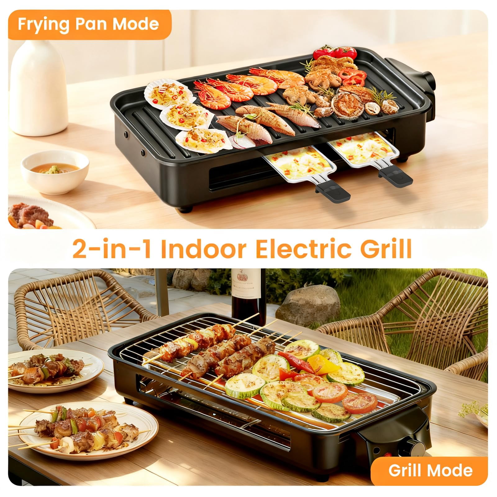 Electric Griddle 2-in-1 Indoor Grill, Black, 1700W with Removable Plates